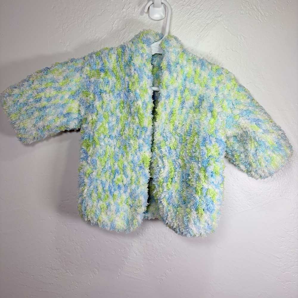 12‎ Month Baby Handmade Crochet Loopy Blue/Green Cardigan